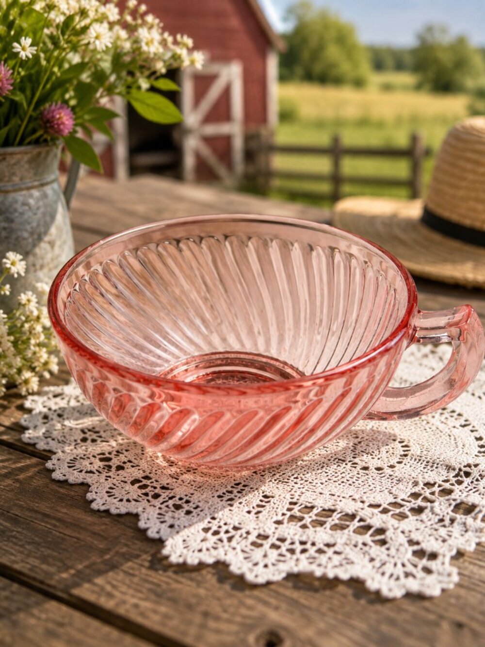 SB-67--Vintage Hocking Manhattan Pink Depression Glass One-Handled Ribbed Bowl